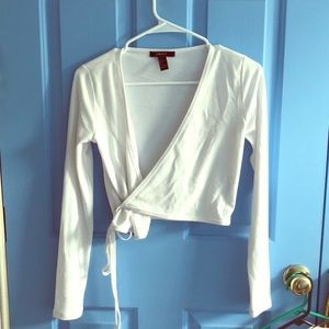 White long sleeve wrap around tie shirt